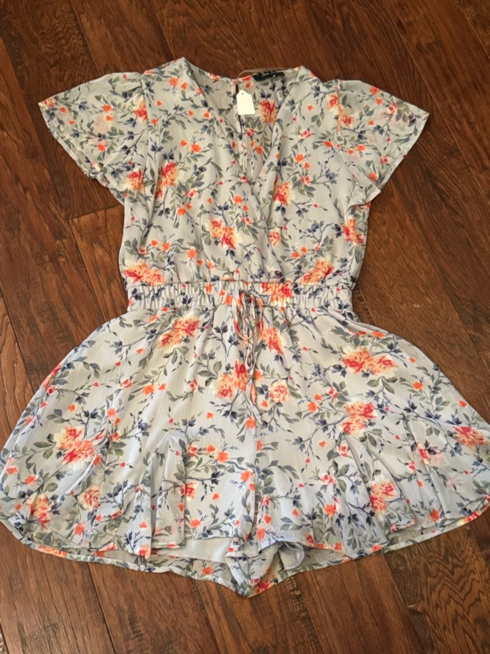 Trixxi Floral Light Blue & Coral Short Sleeve Romper